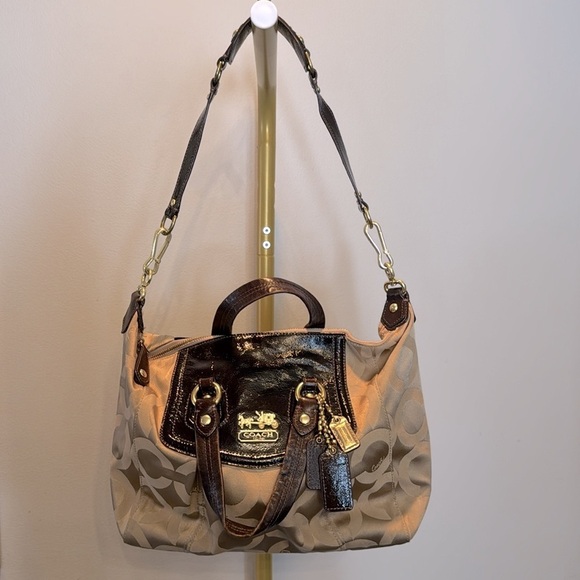 Coach Madison Audrey Satchel Beige/Brown Canvas Patent Leather Bag - Picture 1 of 13